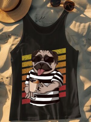 24hluxury– Pug Dog Drinking Coffee Tank Top