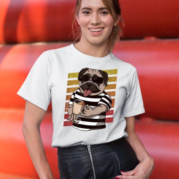 Linocasa– Pug Dog Drinking Coffee T-Shirt - Image 8
