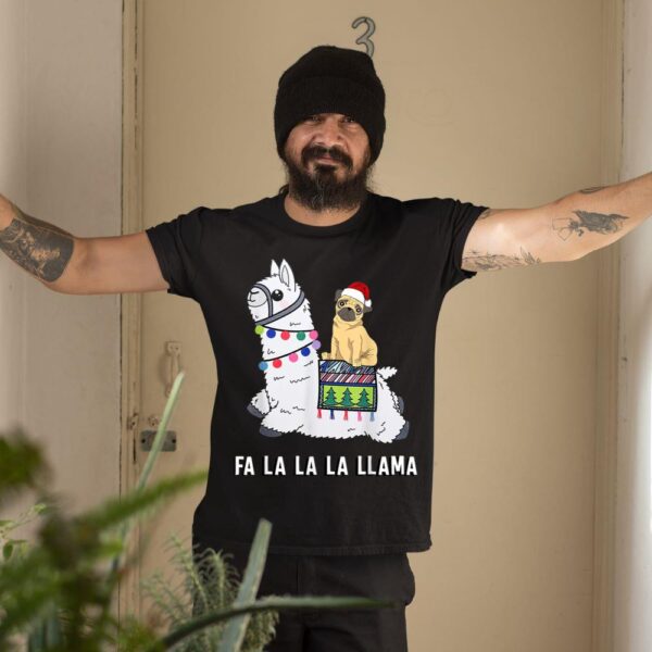 Linocasa– Pug Riding Llama Christmas T-Shirt - Image 3