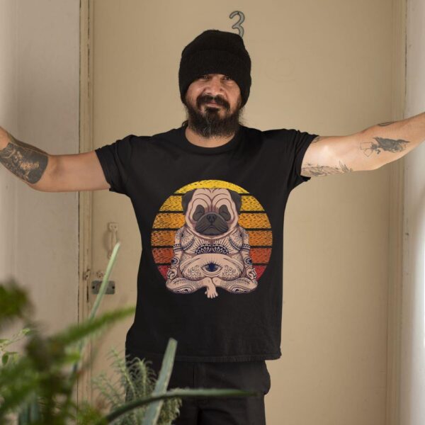 Linocasa– Retro Yoga Dog Pug Sunset T-Shirt - Image 3
