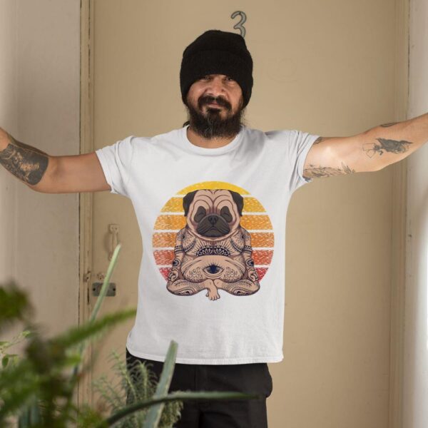 Linocasa– Retro Yoga Dog Pug Sunset T-Shirt - Image 5