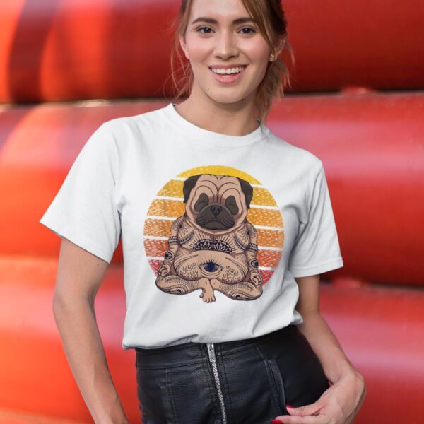 Linocasa– Retro Yoga Dog Pug Sunset T-Shirt - Image 8